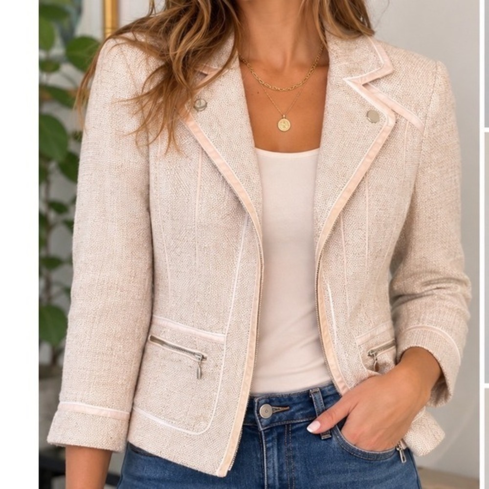 White House Black Market Tan Tweed Moto Blazer Jacket Size 6 Zip Front Neutral
